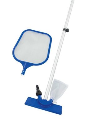 Súprava na údržbu bazéna Bestway® FlowClear™ 58013 zahŕňa ľahkú tyč s vymeniteľným vsávacím a zberacím nadstavcom. Vysávač disponuje jednodielnou čistiacou hlavou a opakovane použiteľným vreckom na odpad. Pred použitím ho stačí pripojiť k záhradnej hadici.